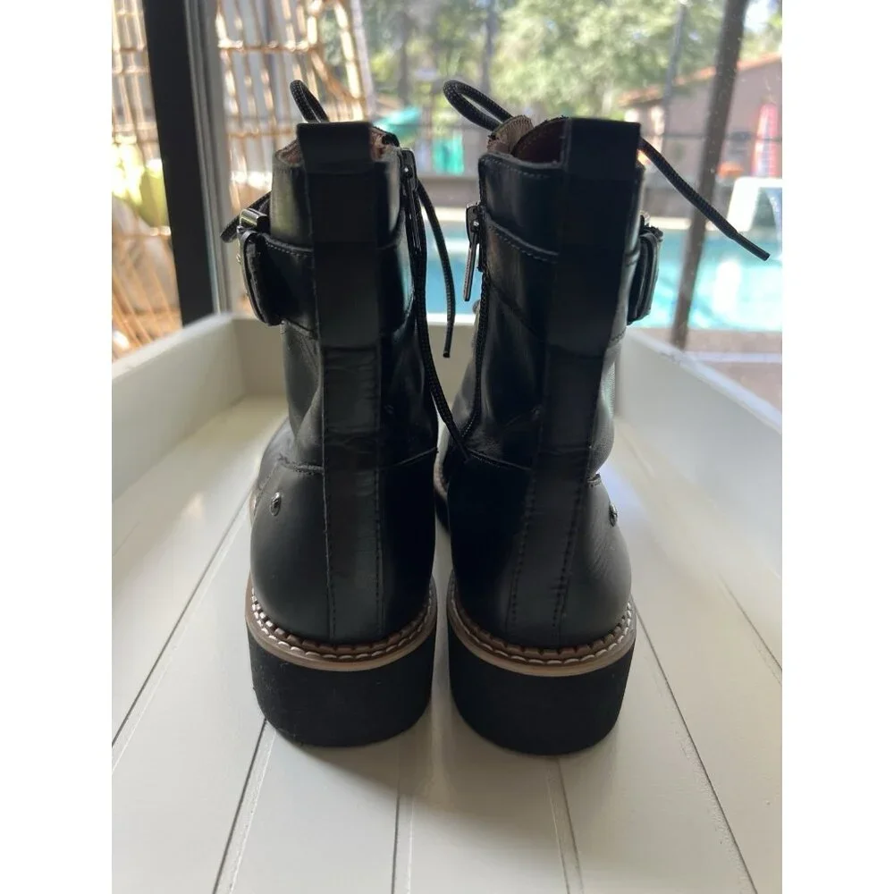 Pikolinos Black Leather Combat Boots Womens US 6 EU 37 Lace Up Side Zip - Picture 6 of 14